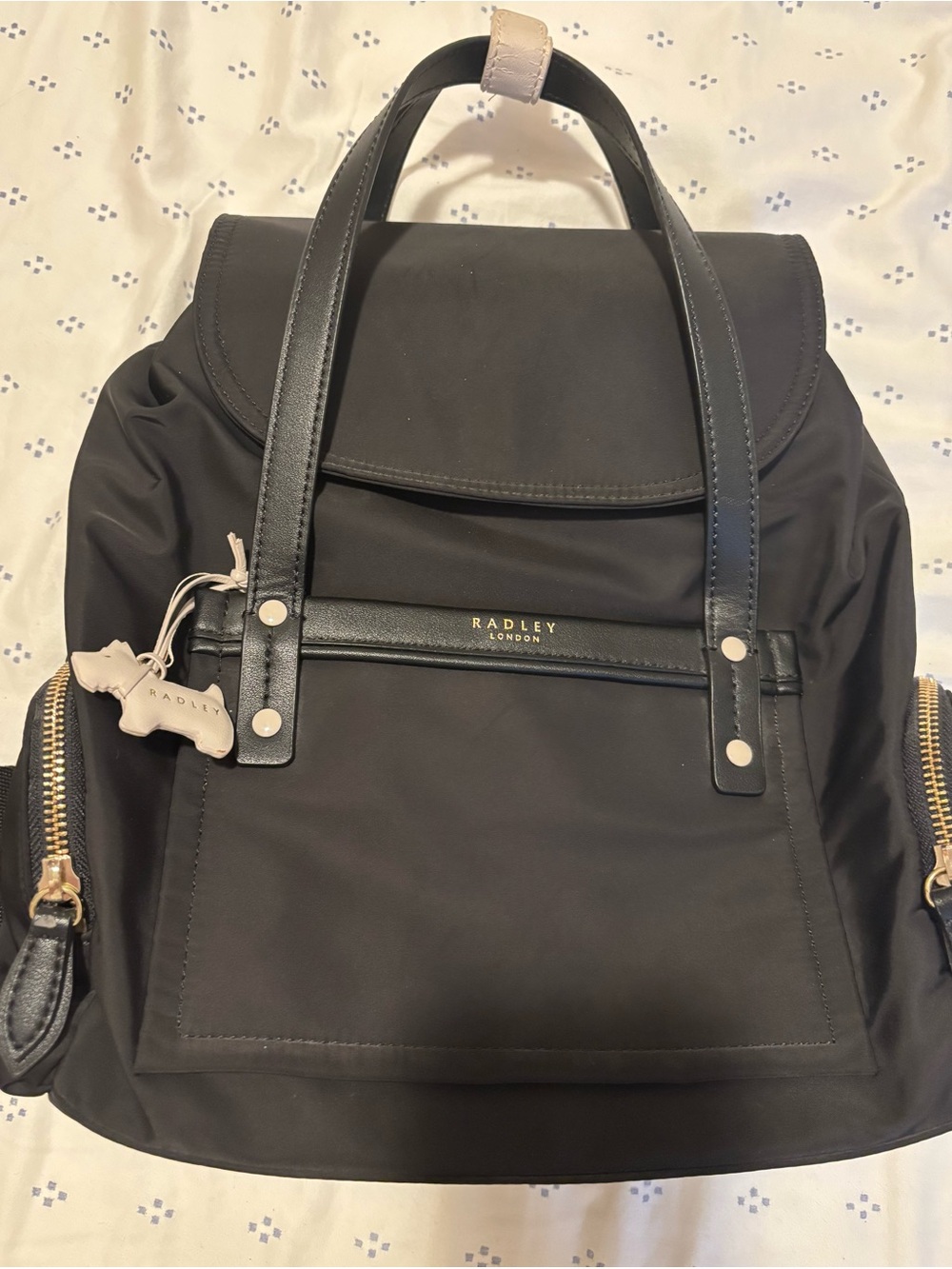 RADLEY LONDON Black Nylon Backpack with Leather Trim and Gold Hardware